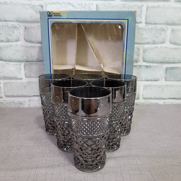 Set of 6 Vintage Anchor Hocking Wexford Pewter Mist Smoke 11oz Glasses NOS MCM - Picture 2 of 14